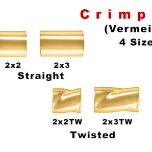 Sterling Silver Vermeil Straight/ Twisted Crimp Beads, 4 Sizes, (VM-752)