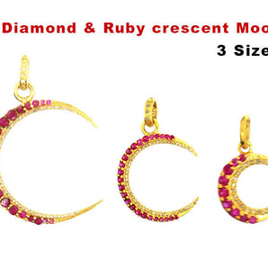 Pave Diamond and Ruby or Emerald Crescent Moon Pendant, 3 Sizes (DPL-2434)