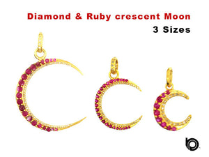 Pave Diamond and Ruby or Emerald Crescent Moon Pendant, 3 Sizes (DPL-2434)