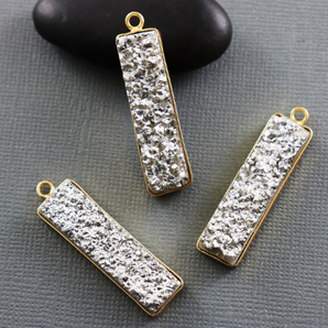 Silverish Shiny Large Druzy Bar Pendant w/ Gold Electroplated Edge, (DZY-9004) - Beadspoint