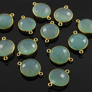 Aqua Chalcedony Faceted Coin Shape Bezel Connector, (BZC7293) - Beadspoint