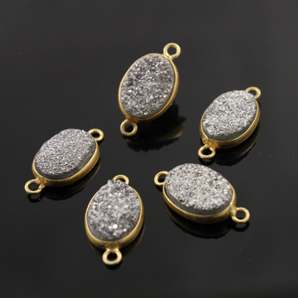Shimmering Silver Druzy Oval Bezel Connector, (DZY/OV/SILV) - Beadspoint