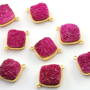 Pink Druzy Crystal Cluster Cushion Bezel Connector, (BZC9028-B) - Beadspoint