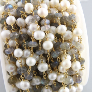 Pearl & Labradorite Faceted Wire Wrapped Roundel, (RS-LBPL-91) - Beadspoint