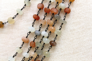 Peach Moonstone Faceted Wire Wrapped Roundel Chain, (RS-PMNS-152) - Beadspoint