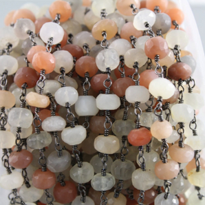Peach Moonstone Faceted Wire Wrapped Roundel Chain, (RS-PMNS-152) - Beadspoint