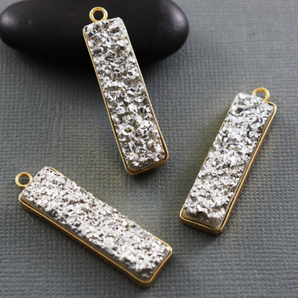 Silverish Shiny Large Druzy Bar Pendant w/ Gold Electroplated Edge, (DZY-9004) - Beadspoint