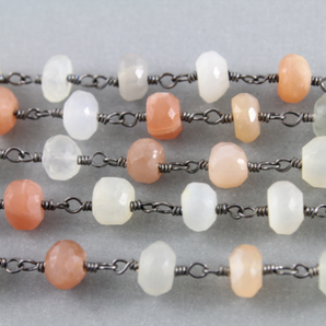 Peach Moonstone Faceted Wire Wrapped Roundel Chain, (RS-PMNS-152) - Beadspoint