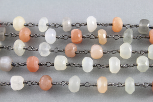 Peach Moonstone Faceted Wire Wrapped Roundel Chain, (RS-PMNS-152) - Beadspoint