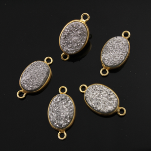 Shimmering Silver Druzy Oval Bezel Connector, (DZY/OV/SILV) - Beadspoint