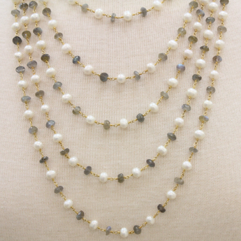 Pearl & Labradorite Faceted Wire Wrapped Roundel, (RS-LBPL-91) - Beadspoint