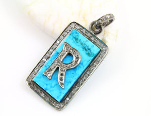 Pave Diamond Turquoise Initial Pendant -- DP-0842 - Beadspoint