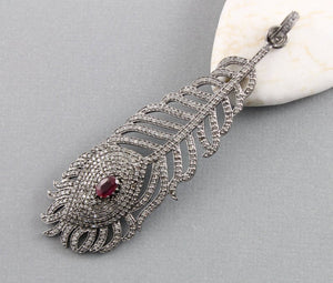Pave Diamond Feather with Ruby Pendant -- DP-1429 - Beadspoint