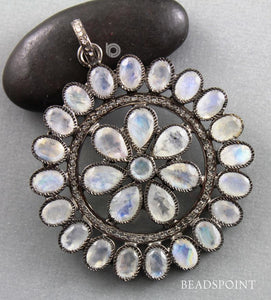 Pave Diamond &Rainbow Moonstone Flower Pendant -- DP-1703 - Beadspoint