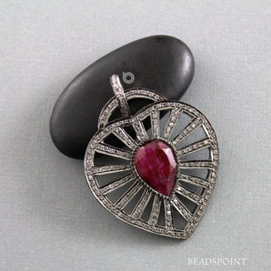 Pave Diamond Double Ruby Heart Pendant -- DP-1809 - Beadspoint