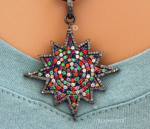 Pave Diamond Multi Sapphire Starburst Pendant -- DP-1813 - Beadspoint