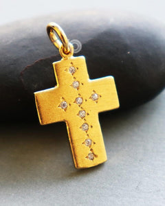24K Gold Vermeil Over Sterling Silver Cross With Diamonds Charm  -- VM/CH1/CR51 - Beadspoint