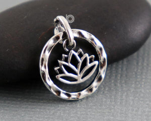 Sterling Silver Artisan Lotus Circle Charm -- SS/CH2/CR98 - Beadspoint