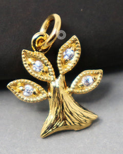 24K Gold Vermeil Over Sterling Silver Tree Of Life Charm With White Sapphire  -- VM/CH4/CR148 - Beadspoint