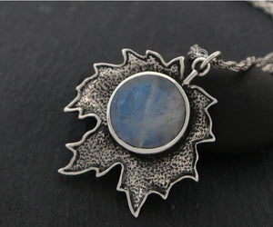 Sterling Silver Artisan Leaf Charm With Natural Rainbow Moonstone  -- SS/CH4/CR163 - Beadspoint