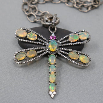 Pave Diamond Opal Dragonfly Pendant -- DP-1982 - Beadspoint