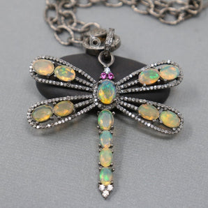 Pave Diamond Opal Dragonfly Pendant -- DP-1982 - Beadspoint