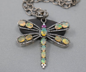 Pave Diamond Opal Dragonfly Pendant -- DP-1982 - Beadspoint
