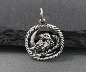 Sterling Silver Raven and Moon Charm -- SS/CH7/CR109 - Beadspoint