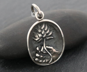 Sterling Silver Artisan Buddha Hand Holding a Lotus Charm -- SS/CH4/CR137 - Beadspoint