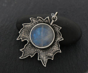 Sterling Silver Artisan Leaf Charm With Natural Rainbow Moonstone  -- SS/CH4/CR163 - Beadspoint