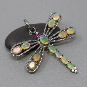 Pave Diamond Opal Dragonfly Pendant -- DP-1982 - Beadspoint