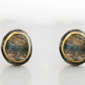Sterling Silver Two Tone, Labradorite faceted Oval Ear Studs, (EAS-035)