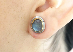 Sterling Silver Two Tone, Labradorite faceted Oval Ear Studs, (EAS-035)