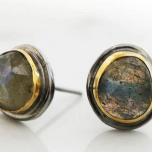 Sterling Silver Two Tone, Labradorite faceted Oval Ear Studs, (EAS-035)