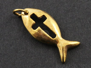 24K Gold Vermeil Over Sterling Silver Cross With Fish Charm -- VM/CH1/CR27 - Beadspoint