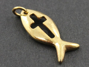 24K Gold Vermeil Over Sterling Silver Cross With Fish Charm -- VM/CH1/CR27 - Beadspoint