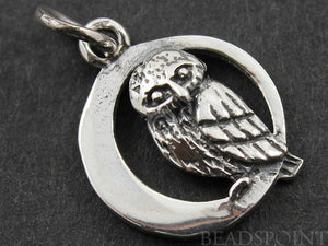 Sterling Silver Owl on a Moon Charm -- SS/CH5/CR15 - Beadspoint