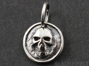 Sterling Silver Skull On A Raised Coin Charm -- SS/CH10/CR27 - Beadspoint