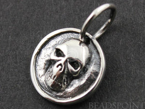 Sterling Silver Skull On A Raised Coin Charm -- SS/CH10/CR27 - Beadspoint
