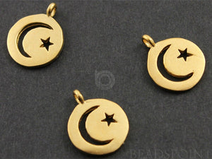 24K Gold Vermeil Over Sterling Silver Moon and Star Cut out on a Raised Coin Charm -- VM/CH5/CR18 - Beadspoint