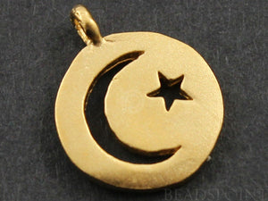 24K Gold Vermeil Over Sterling Silver Moon and Star Cut out on a Raised Coin Charm -- VM/CH5/CR18 - Beadspoint
