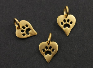 24K Gold Vermeil Over Sterling Silver Tiny Heart Charm With Paw Print-- VM/CH7/CR41 - Beadspoint