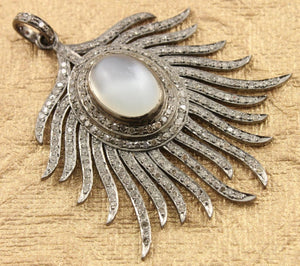 Pave Diamond w/ Moonstone Peacock Feather Pendant -- DP-1377 - Beadspoint
