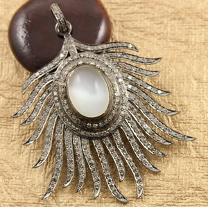 Pave Diamond w/ Moonstone Peacock Feather Pendant -- DP-1377 - Beadspoint
