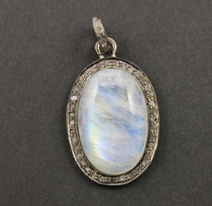 Pave Diamond Oval Rainbow Moonstone Pendant -- DMN-1006 - Beadspoint
