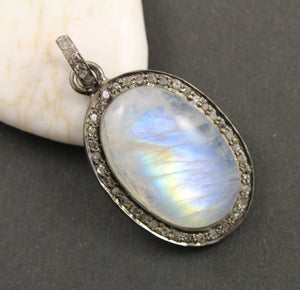 Pave Diamond Oval Rainbow Moonstone Pendant -- DMN-1006 - Beadspoint