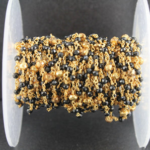 Black Onyx w/ Gold Pyrite Wire wrapped Rosary, (ROS-BLK/PY-83) - Beadspoint