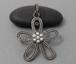Pave Diamond Flower With Pearl Pendant -- DP-1984 - Beadspoint