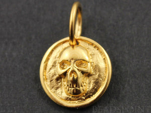 24K Gold Vermeil Over Sterling Silver Skull on a Raised Coin Charm  -- VM/CH10/CR27 - Beadspoint