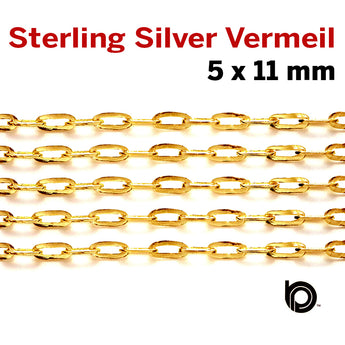 Sterling Silver Vermeil Paperclip chain, w/ 1 Micron Gold, 11 x 5 mm, (SS-182-SM) - Beadspoint